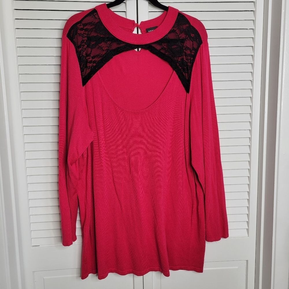 Torrid Open Front Top 3X Fuschia Pink Black Lace Panels Long Sleeve